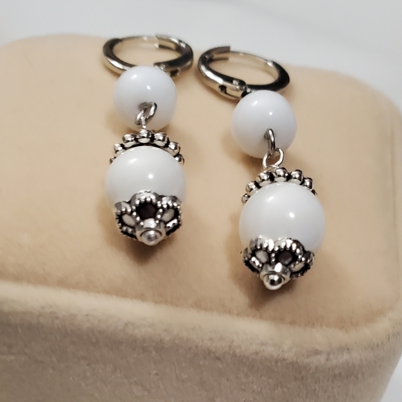 Upcycled White Opal Dangle Hoop Earrings - Picture 4 of 6